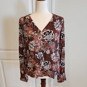 NWT Garnet Hill 100% Lenzing Ecovero Viscose Floral Blouse XS Rust/Navy